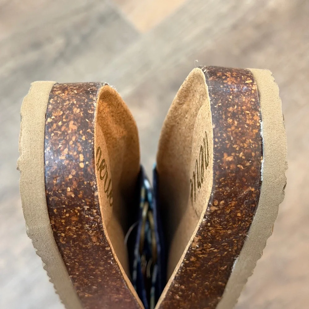 NEW Aerie Womens 6 Floral‎ Buckle Slide Sandals Blue Yellow Cork Beach Coastal
